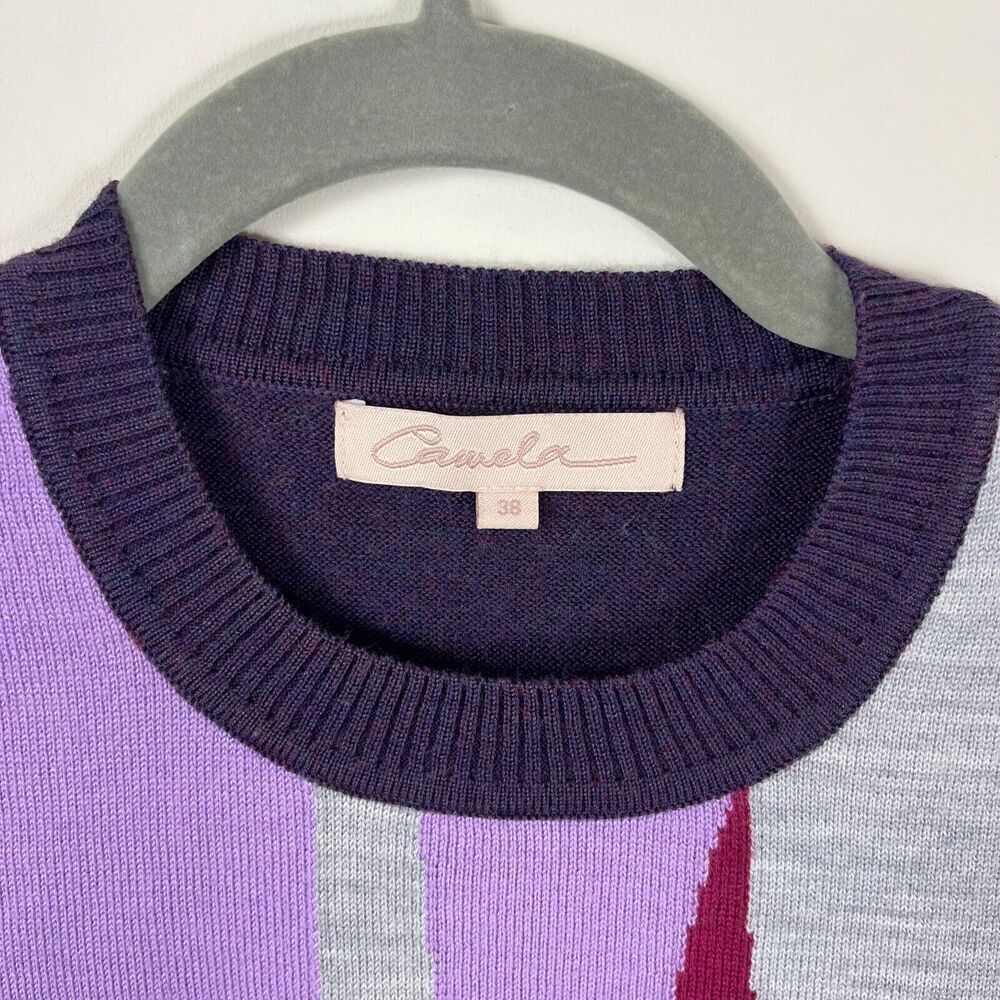 Camela Sweater Womens Small Purple Merino Wool Knit Abstract Artsy Academia Crew - Picture 6 of 8